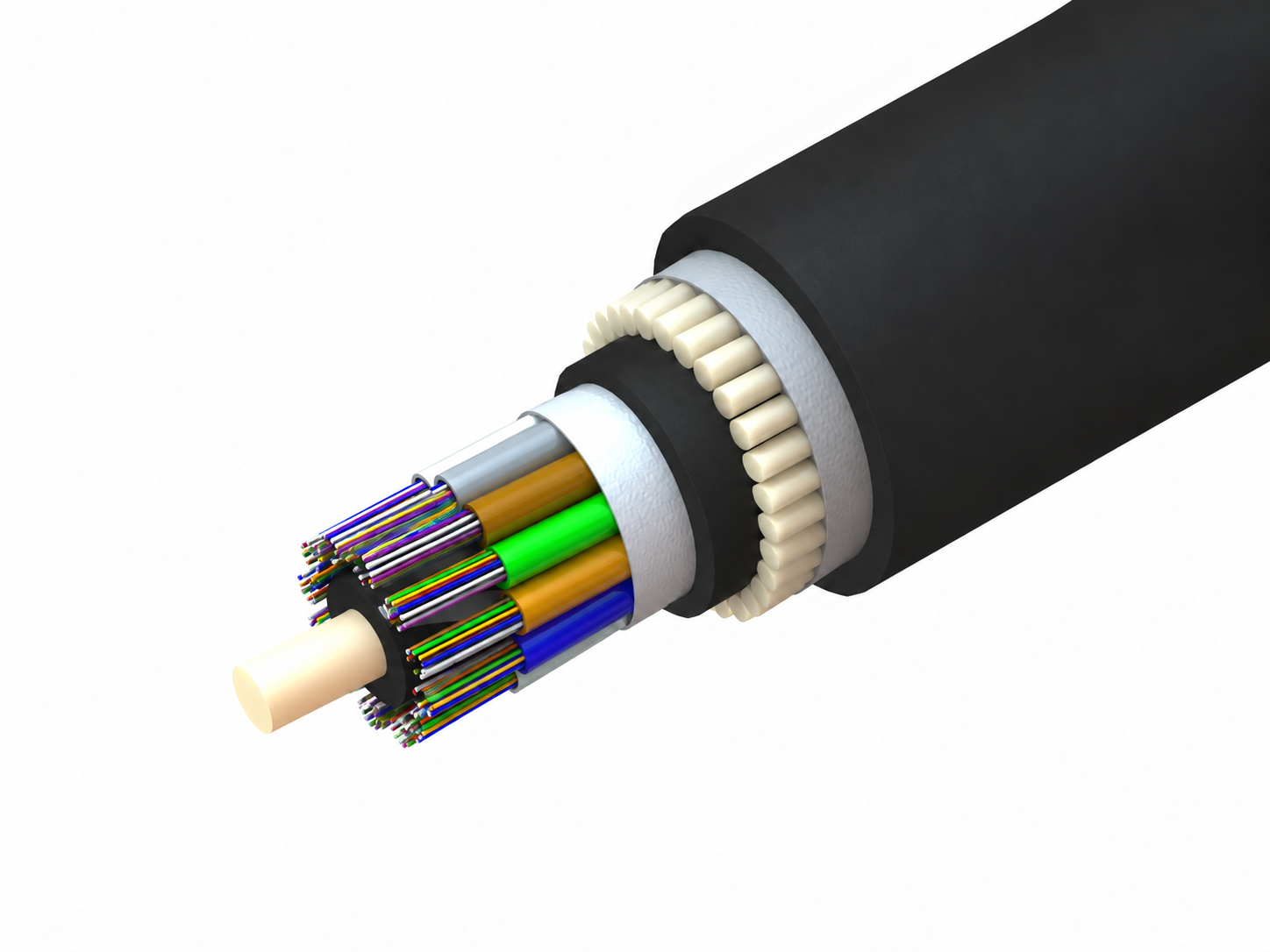 ChimeraX ADSS FRP Armoured Cable cross-section — PE outer sheath, ripcord, water blocking tape, FRP peripheral strength member, loose tube, optical fibre, PE inner sheath, FRP central strength member