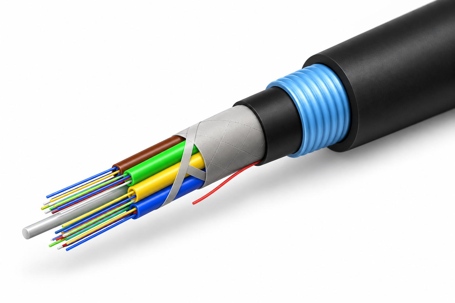 ChimeraX™ light armour fire resistant duct cable cross-section showing outer LSOH sheath, inner LSOH sheath, fire barrier tape, 250μm fibre, FRP, water blocking element, corrugated steel tape, and rip cord