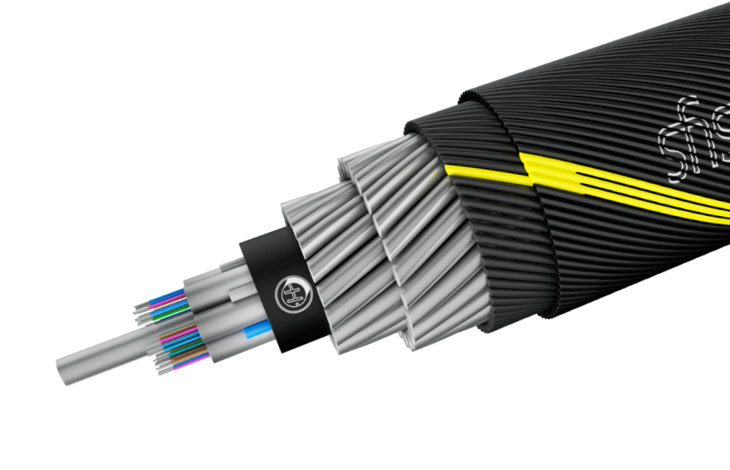 ChimeraX 864F Amphibious fibre optic cable cross-section — 6 FIMT loose tubes (144 fibres each), galvanized steel wire armour with asphalt coating, PP yarn outer sheath