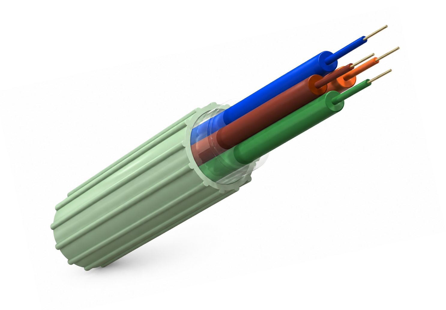 GryphonX™ Fibre Unit air-blown cable cross-section, showing colour-coded fibres and grooved outer profile