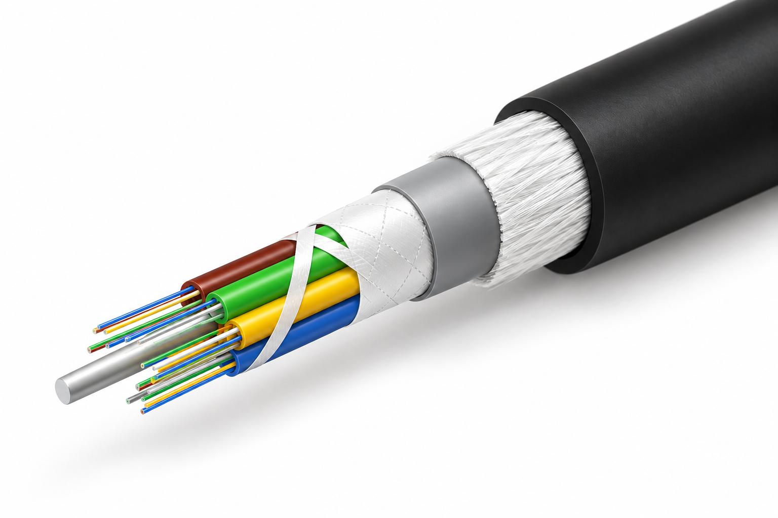 ChimeraX™ non-armoured fire resistant duct cable cross-section showing outer LSOH sheath, glass yarns, fire barrier tape, FRP central strength member, loose tube, and fibre