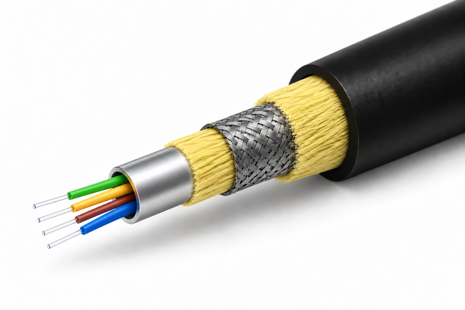 ChimeraX™ military field fiber optic cable cross-section showing outer sheath, stainless steel braid, tight buffer fibre, stainless steel tube, and aramid yarn strength members
