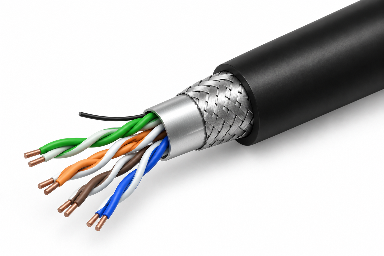 Cross-section of the Hermesys ChimeraX RS-485 MODBUS Communication Cable, showing twisted, foil-shielded conductor pairs with a drain wire wrapped in an overall tinned copper braid shield and grey PVC outer jacket; the armoured 1mm² variant adds steel wire braiding beneath a black FR-LSOH jacket