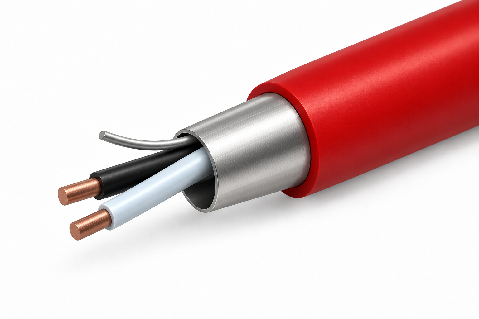 Cross-section of the Hermesys ChimeraX Shielded Security Alarm Cable, showing a red PVC outer jacket cut back to reveal the Al-Mylar overall shield with drain wire wrapped around two FR-PVC insulated copper conductor cores