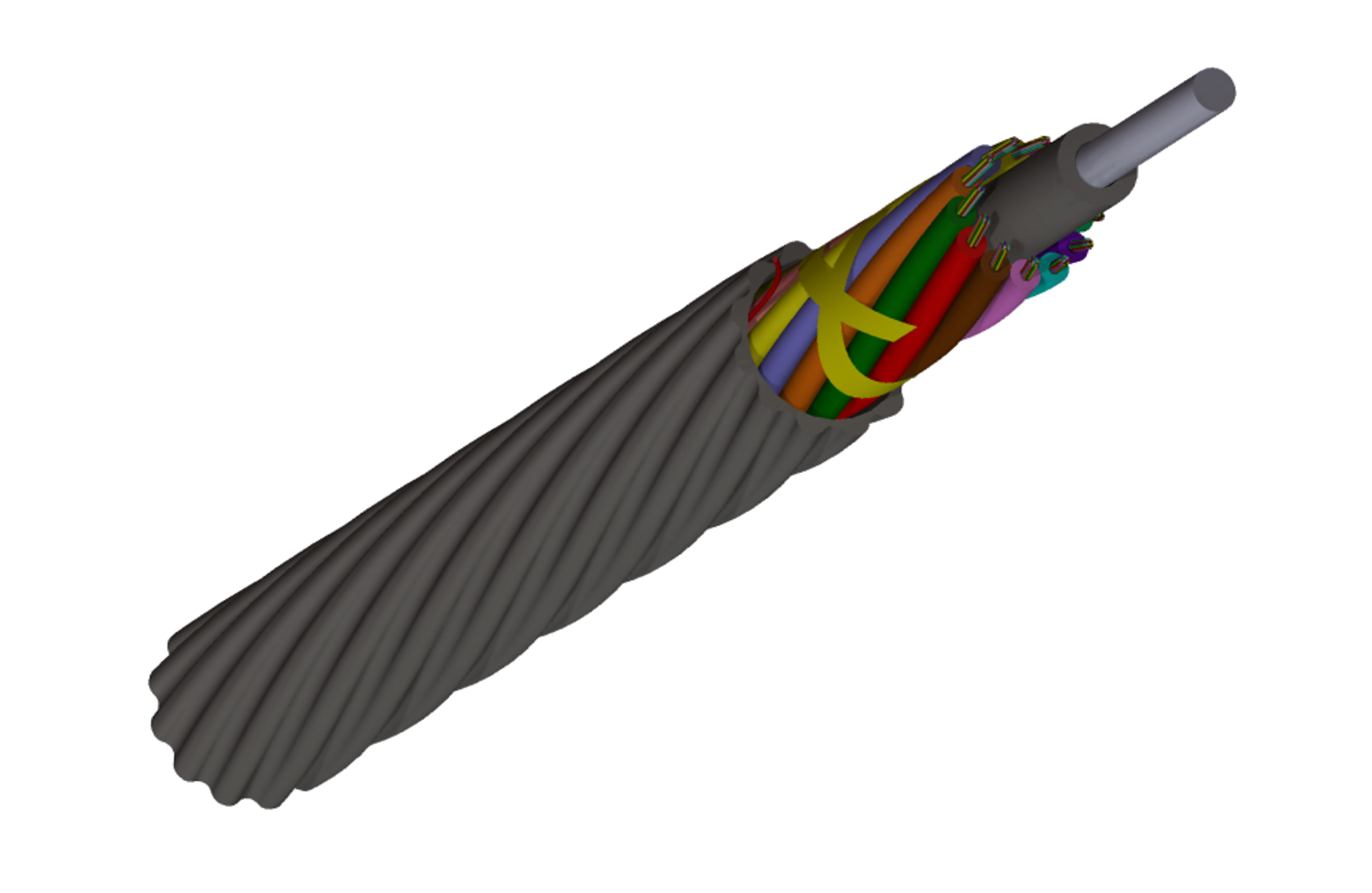 GryphonX™ Super Slim Microcable cross-section showing central FRP strength member, water-blocking yarn, tight-bundled loose tubes, and black HDPE outer sheath