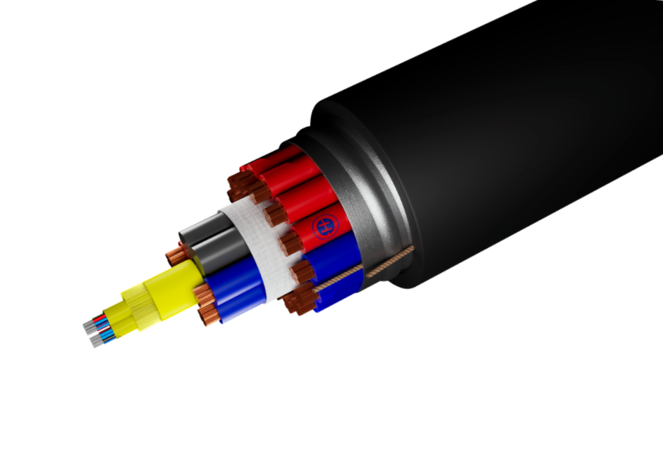 Cross-section of the ChimeraX™ 5G Hybrid High Speed Cable showing 18 color-coded copper conductors and 3 fiber subunits (36 total G657A2 fibers) with aramid yarn strength members, wrapped and armoured with a corrugated aluminum tube under a black LLDPE outer jacket