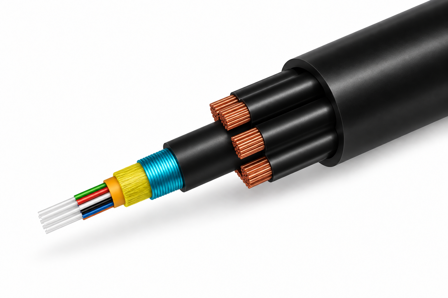Cross-section of the Hermesys ChimeraX 18F G652D + 8C 4mm² hybrid cable, showing a central multi-color fiber bundle in a green protective layer surrounded by eight bare-copper stranded power conductors, wrapped in an HDPE UV-resistant black outer jacket