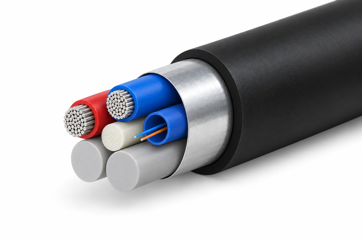 Cross-section of the Hermesys ChimeraX 2F G652D + 2×18AWG hybrid cable, showing red and blue insulated copper power conductors, a blue loose tube housing two optical fibers, gray PVC filler rods, and an FRP strength member, wrapped in aluminum tape and a black PE outer sheath