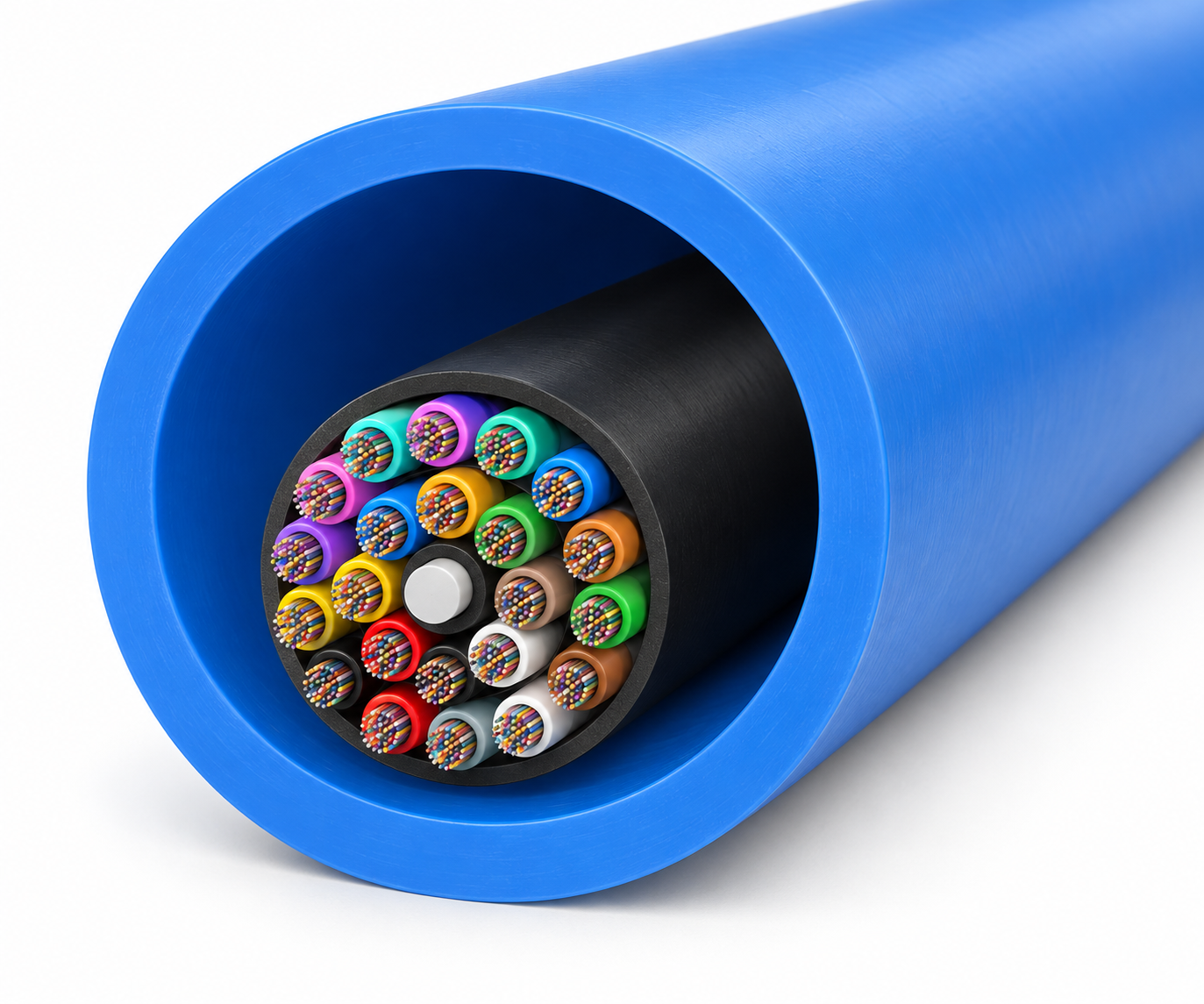 Cross-section of the Hermesys FLASH PULL™ 864F Micro Cable, showing the blue HDPE micro duct, black cable outer sheath, central strength member, and the color-coded loose tubes carrying 864 fibers.