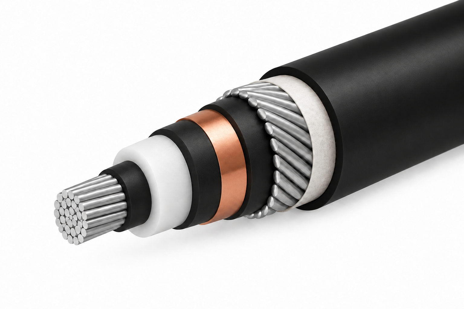 Cross-section of the ChimeraX™ 22kV Single Core Power Cable showing the compacted circular aluminum conductor, semi-conductive screens, XLPE insulation, copper tape screen, PVC inner jacket, aluminum wire armour, wrapping tape, and PVC anti-rodent/anti-termite outer jacket