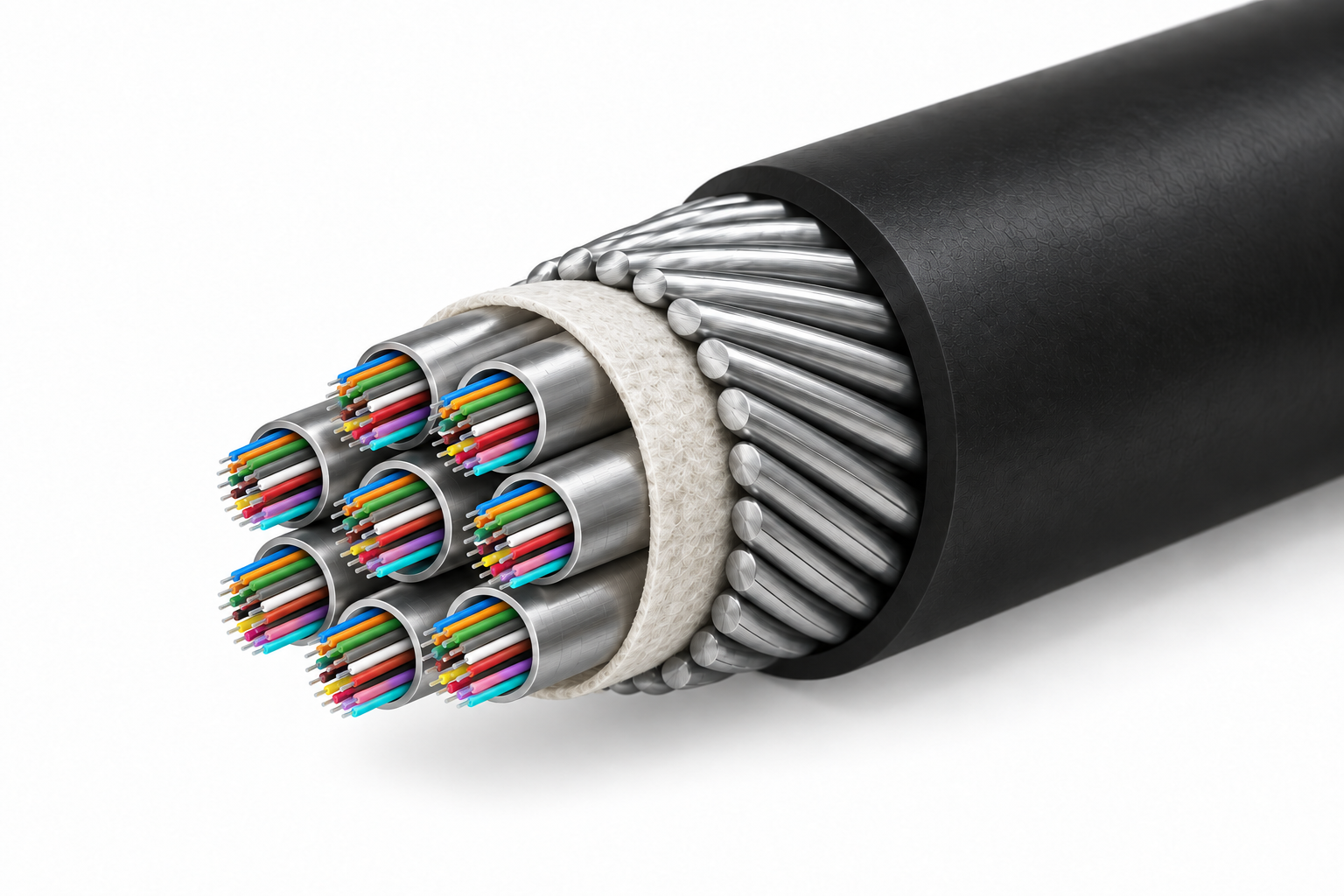 Cross-section of the ChimeraX™ Amphibious Fiber Optic Cable showing 96 color-coded singlemode fibers grouped in 8 FIMT tube bundles at the core, surrounded by a Godzilla-Armor galvanized steel wire layer with water blocking tape, and finished with a black LSOH outer sheath