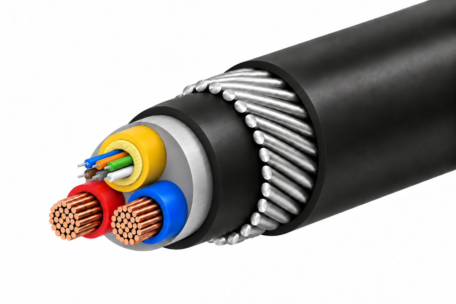 Cross-section of the ChimeraX™ Hybrid High Speed Cable showing the LSOH-jacketed fiber sub-unit with aramid yarn strength member, PP filler, FR-PVC insulated red/blue copper conductors, wrapping tape, inner PVC jacket, galvanized steel wire armour, and black LSOH outer jacket