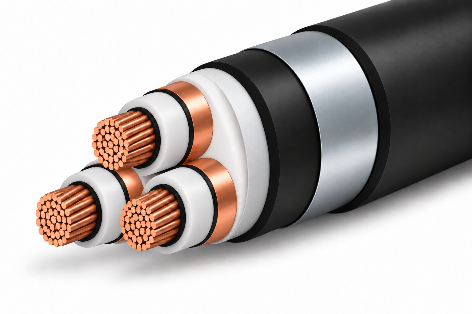 ChimeraX™ armoured MV power cable showing compacted stranded copper conductor, semi-conductive screens, XLPE insulation, copper tape metal screen, PVC inner covering, galvanized steel tape armour, and anti-termite PVC outer sheath