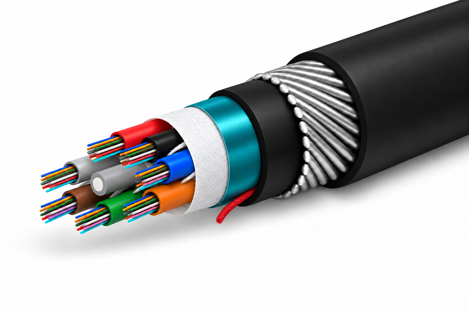 Cross-section of ChimeraX™ SWA Fire Resistant Cable showing FRP central strength member, color-coded loose tubes, water blocking elements, fire barrier tape, LSOH inner jacket, galvanized steel wire armour, and black LSOH outer jacket
