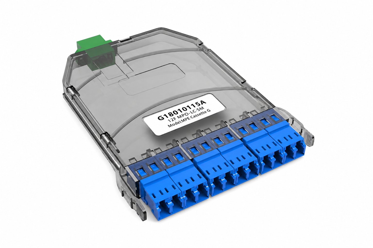 HydraX 144F cassette panel with Translucent MPO Cassette with Eight Blue Adapters