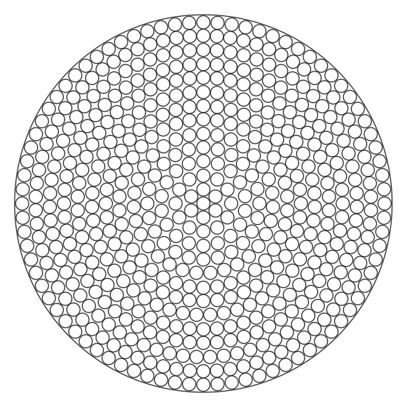 Cross-section of 576 fiber 900 micron fanout tube bundle, about 26 mm