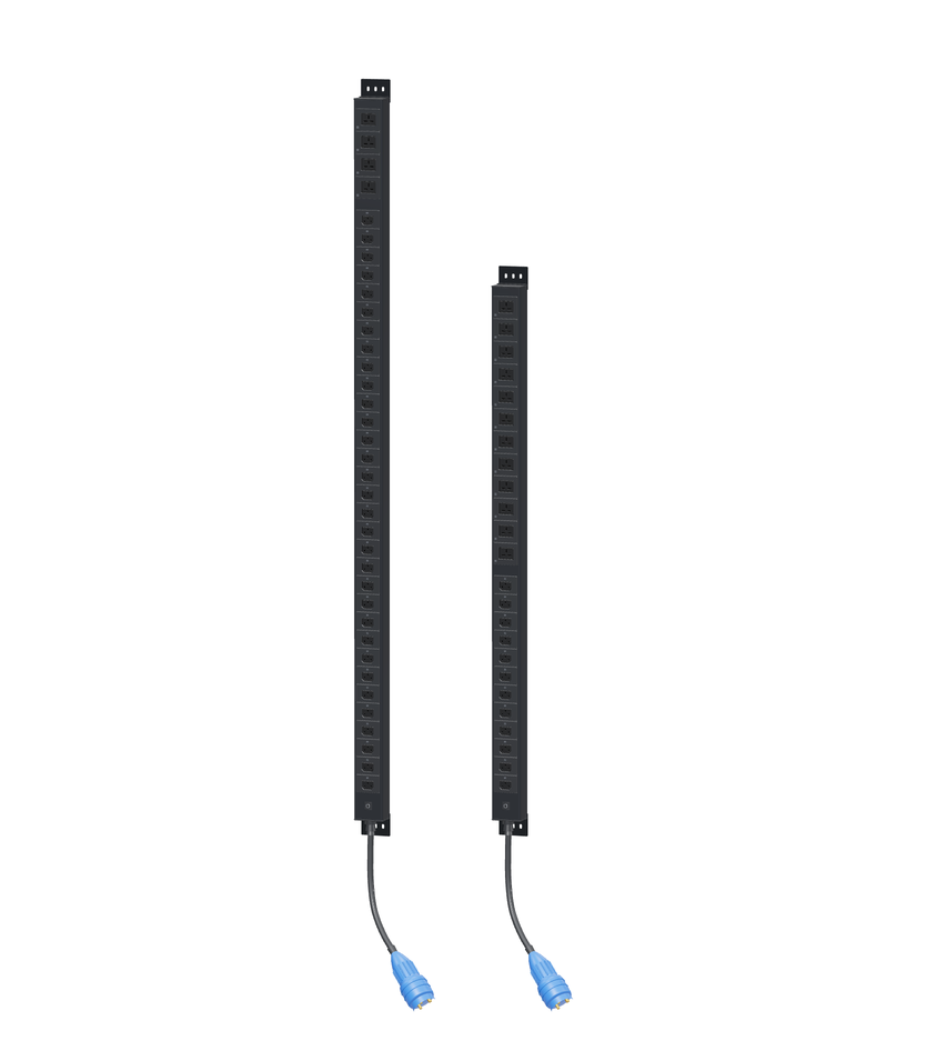 Two CetoX™ 1.5U anti-trip vertical rack PDUs, 32×C13 + 4×C19 and 12×C13 + 12×C19 layouts, with blue industrial input plugs