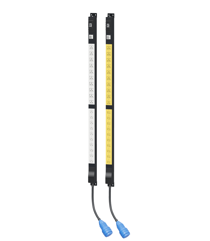 Two CetoX™ 63A vertical rack PDUs with white and yellow C13/C19 sockets, circuit breaker and blue industrial input plug