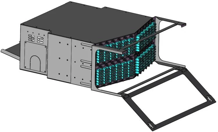 576F 4U fiber patch panel with tray opened for fibre management
